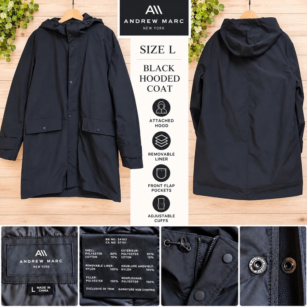 Marc New York Andrew Marc Tucker Oxford Parka Black Hooded Coat Mens L MM2AC816